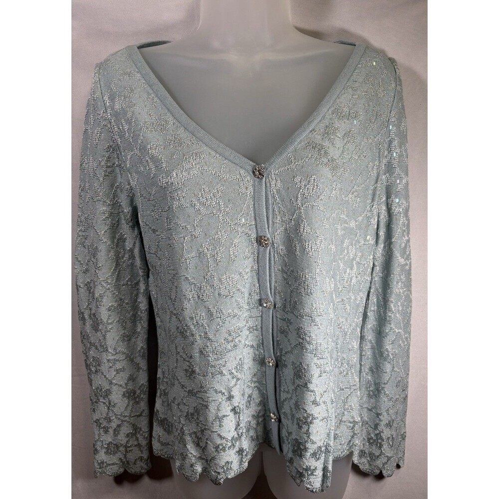 St John Evening Damask Cardigan And Long Skirt Size 8 Aqua Silver Sequin